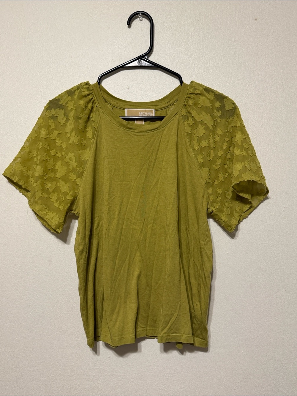 Michael Kors Olive Green Short Sleeve Tee with Textured Puff Sleeves